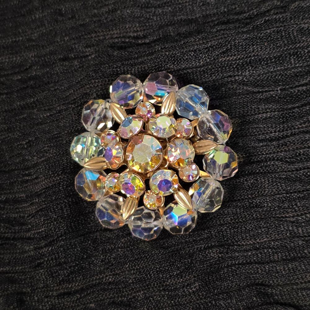 Vintage Aurora Borealis Glass Bead Rhinestone Brooch Gold Tone Flower Cluster